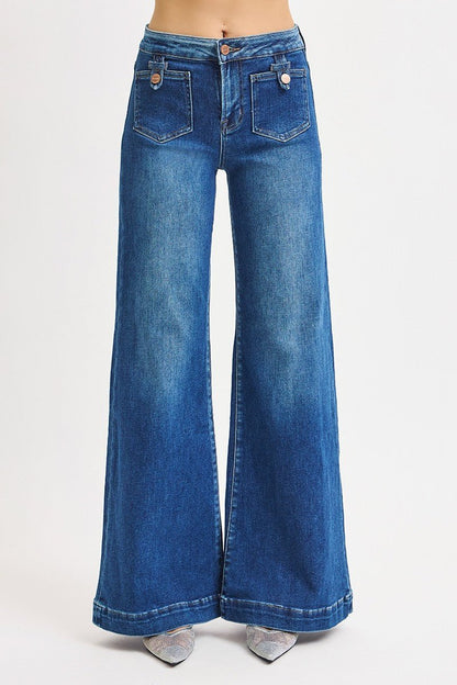 Risen Dark Blue Mid-Rise Wide Front Patch Pocket Jeans - - jeans