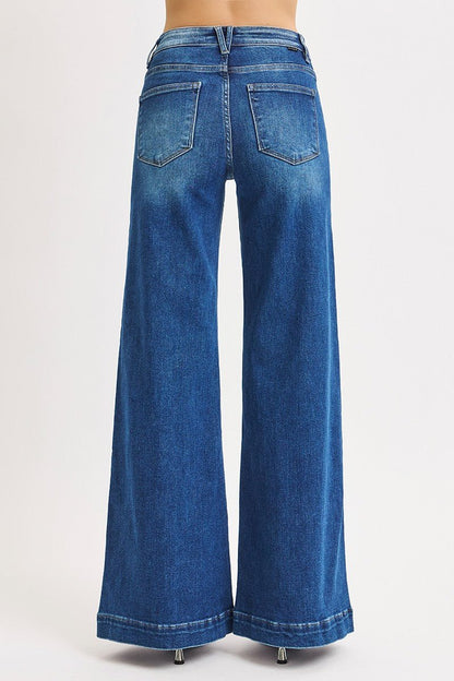 Risen Dark Blue Mid-Rise Wide Front Patch Pocket Jeans - - jeans
