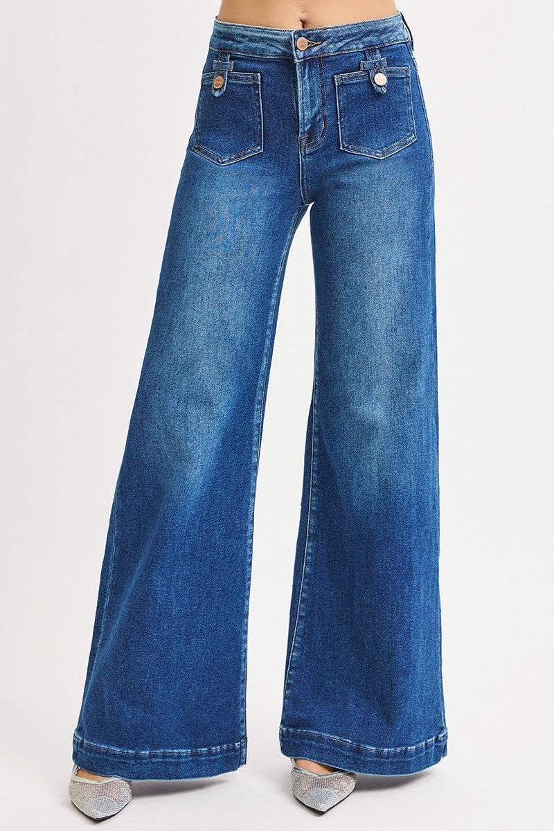 Risen Dark Blue Mid-Rise Wide Front Patch Pocket Jeans - 15 - jeans