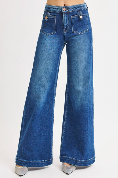Risen Dark Blue Mid-Rise Wide Front Patch Pocket Jeans - 15 - jeans