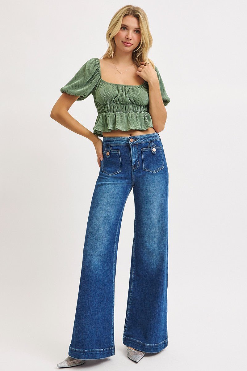 Risen Dark Blue Mid-Rise Wide Front Patch Pocket Jeans - - jeans