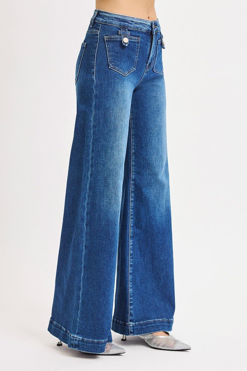 Risen Dark Blue Mid-Rise Wide Front Patch Pocket Jeans - - jeans