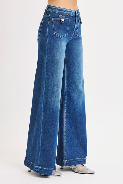 Risen Dark Blue Mid-Rise Wide Front Patch Pocket Jeans - - jeans