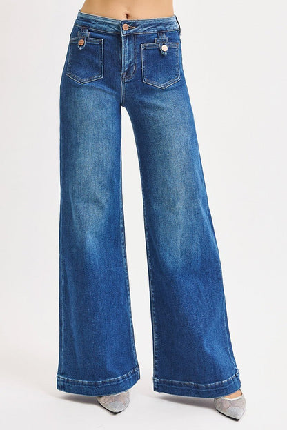 Risen Dark Blue Mid-Rise Wide Front Patch Pocket Jeans - - jeans