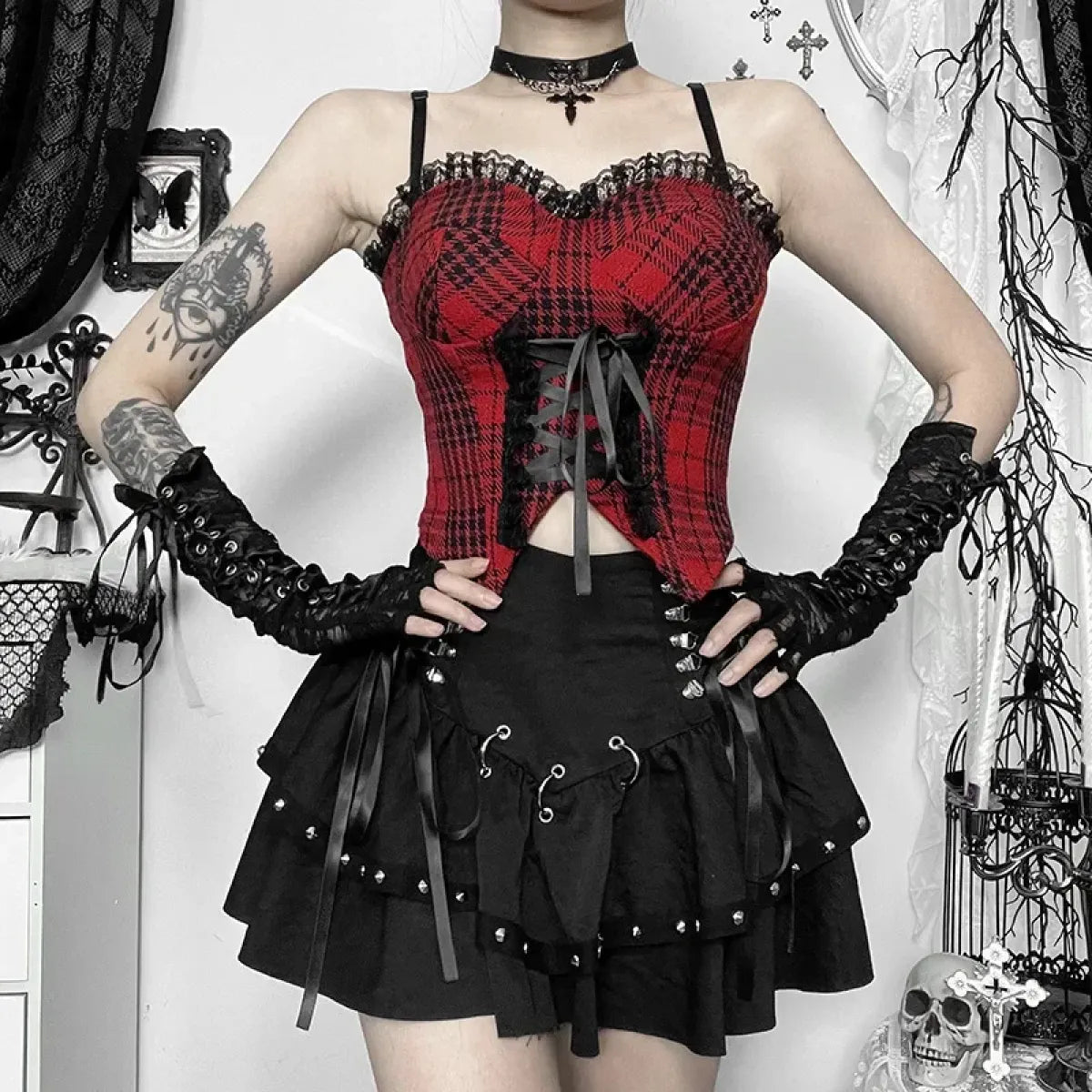 Rivet Bandage Mini Skirt – Y2K Grunge Gothic Punk Style - - Skirts