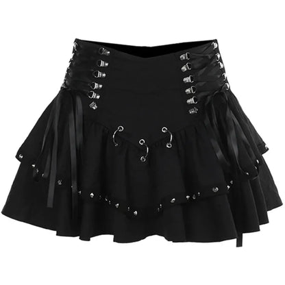 Rivet Bandage Mini Skirt – Y2K Grunge Gothic Punk Style - Black - Skirts