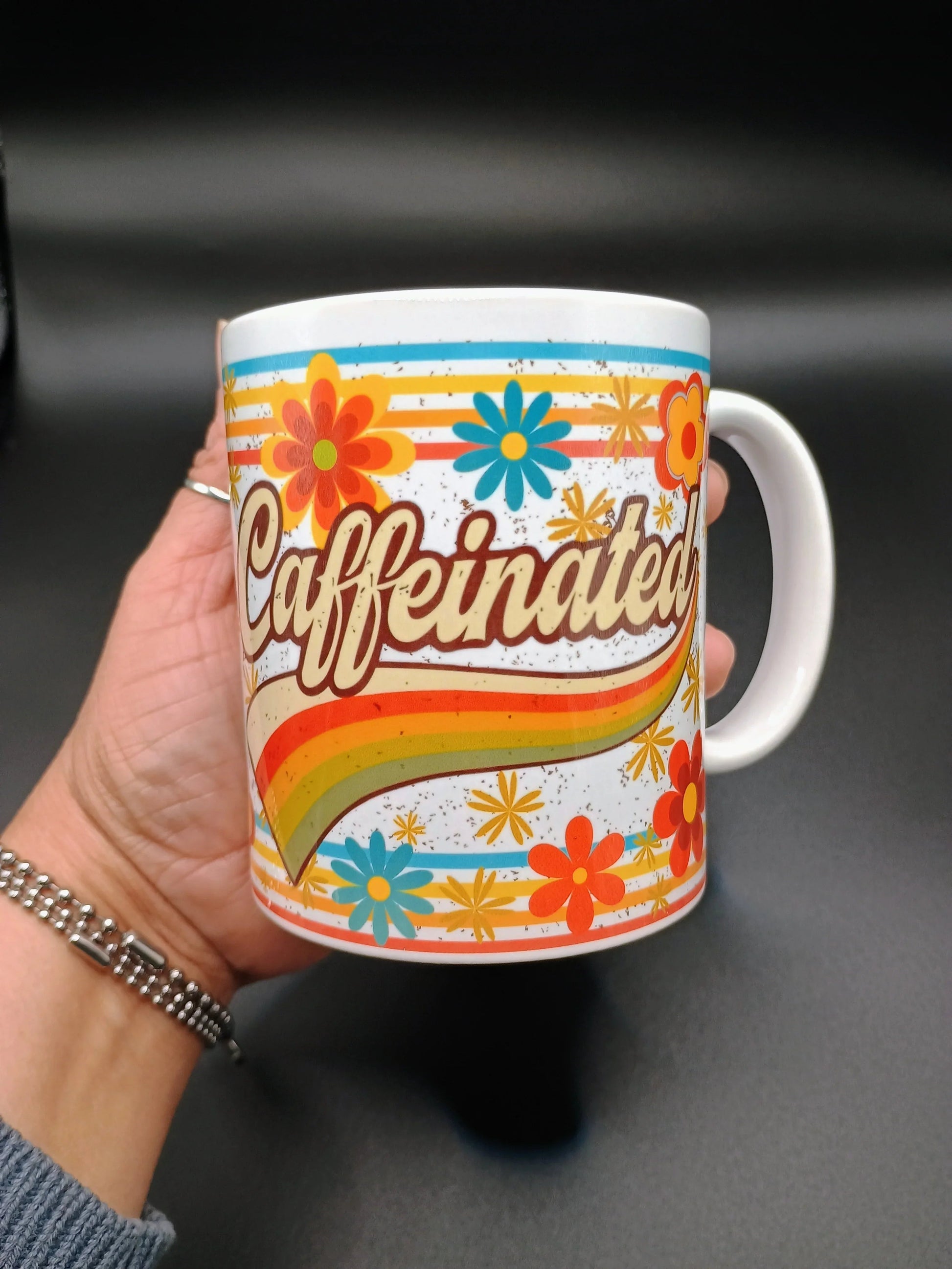 Retro Caffeinated Coffee Mug - Vintage Rainbow Design | American Taína Crafts - - Mug