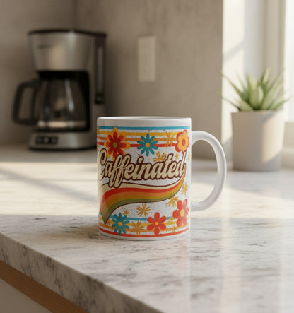 Retro Caffeinated Coffee Mug - Vintage Rainbow Design | American Taína Crafts - - Mug