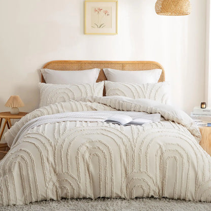 Nayoroom Full Size Beige Tufted Chenille Rainbow Textured Comforter Cover 3 Pc Set with Zipper Closure - - duvet set