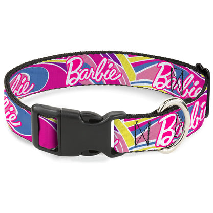 Mattel Dog Collar with Plastic Buckle Quick Release Easy Adjustable Barbie Script Signature Logo Abstract Multi Color White 9.5 to 14.5 Inches 0.5 Inch Wide Kia Day Design