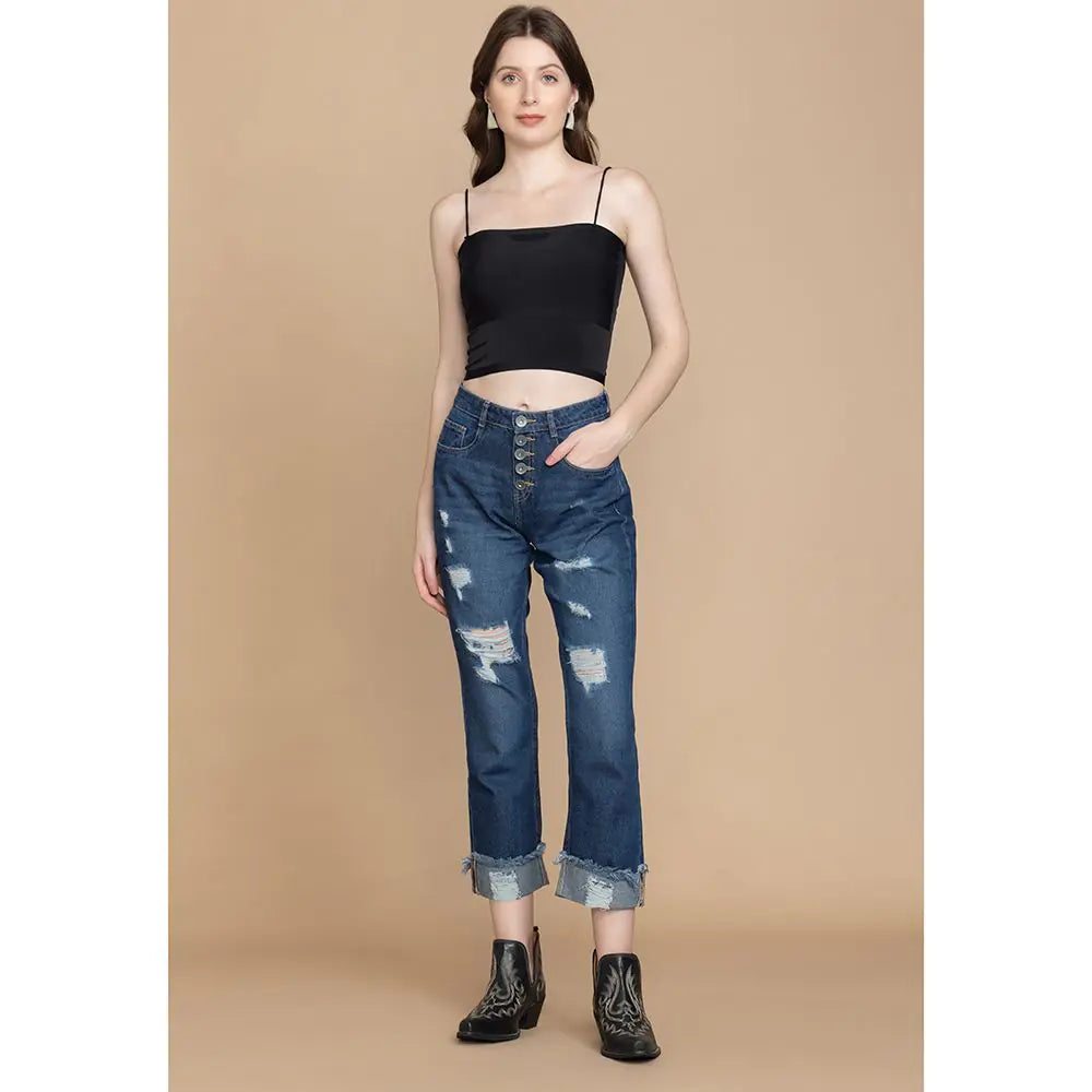Amora Cuffed Hem Distressed Boyfriend Jeans- Myra USA- {{Product type}}
