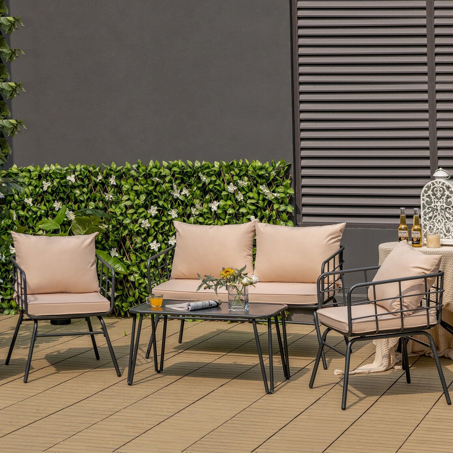 4 Pieces Patio Furniture Set with Seat Back Cushions for Garden-Beige- DirectDeals- {{Product type}}