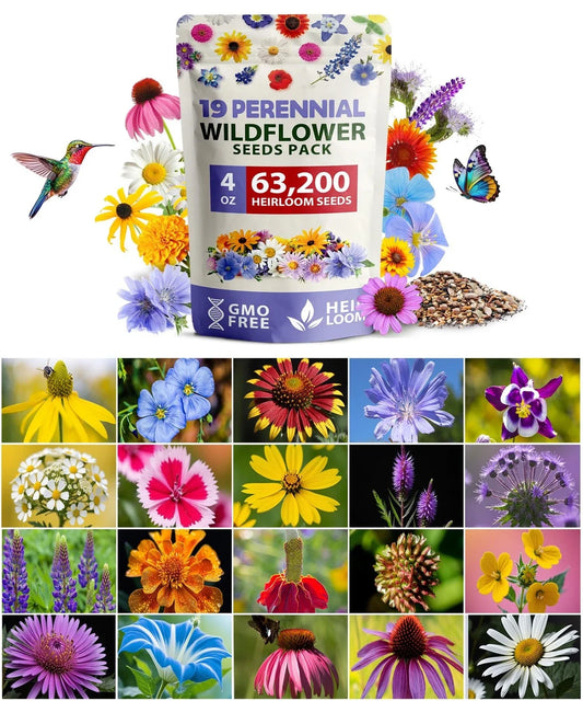 Premium Wildflower Seed Mix - 63,200+ Seeds, 19 Varieties - - Flower Seeds