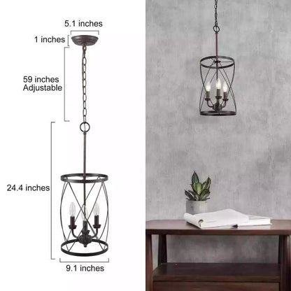 Lnc Farmhouse Chandelier Bronze Industrial 3-Light Drum Cage Candlestick Dining - - Brand New