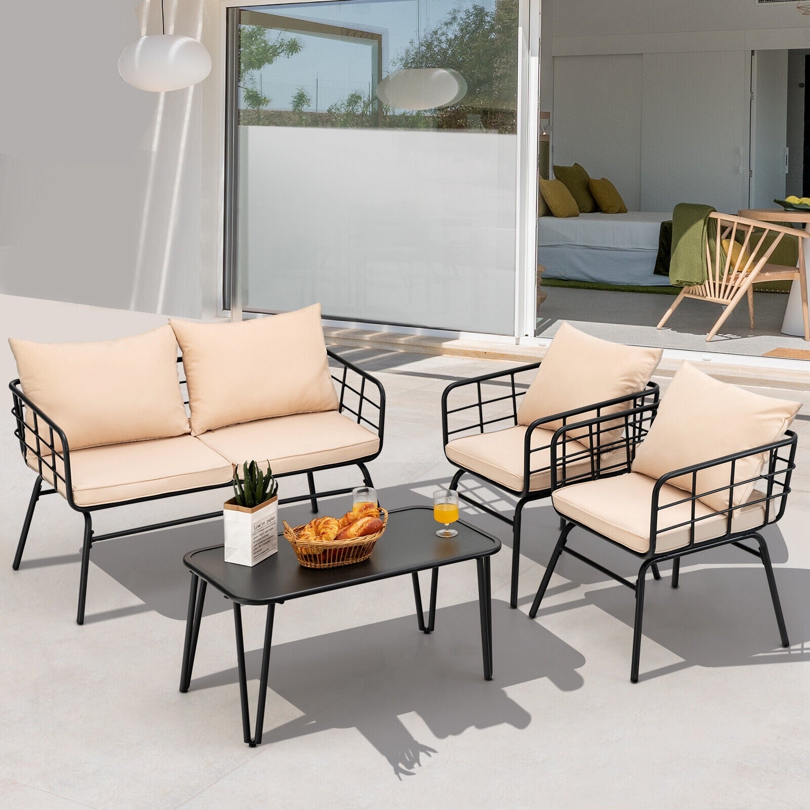 4 Pieces Patio Furniture Set with Seat Back Cushions for Garden-Beige- DirectDeals- {{Product type}}