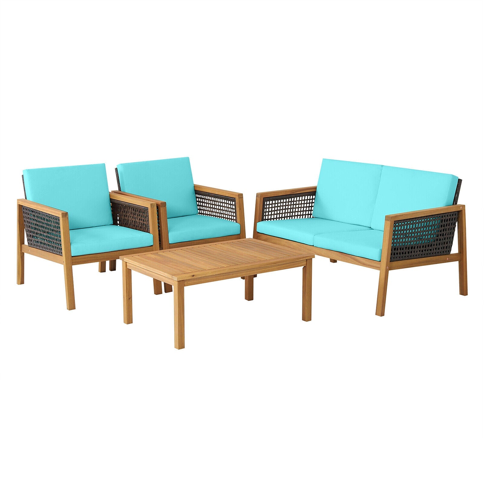 4 Pieces Patio Rattan Furniture Set with Removable Cushions - Turquoise - patio set
