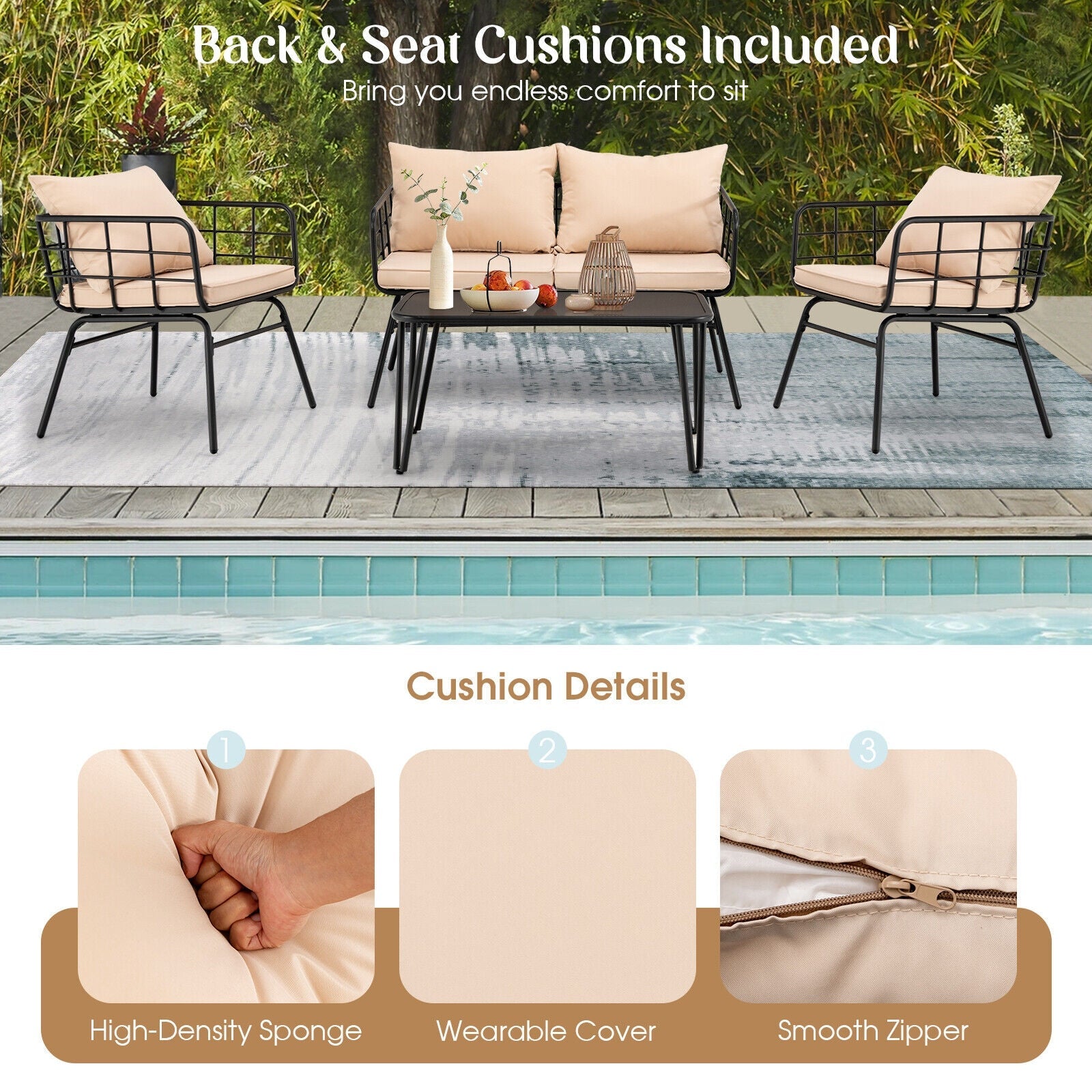 4 Pieces Patio Furniture Set with Seat Back Cushions for Garden-Beige- DirectDeals- {{Product type}}