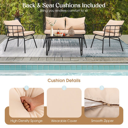 4 Pieces Patio Furniture Set with Seat Back Cushions for Garden-Beige- DirectDeals- {{Product type}}