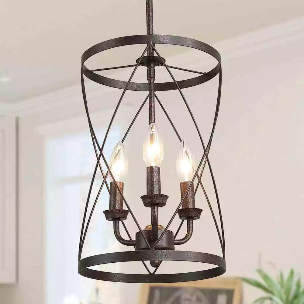 Lnc Farmhouse Chandelier Bronze Industrial 3-Light Drum Cage Candlestick Dining - - Brand New