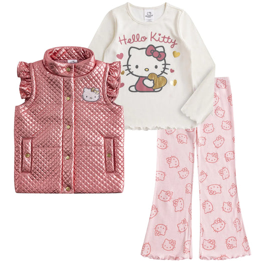 Hello Kitty Sanrio Girls 3 Piece Long Sleeve Shirt Quilted Vest and Flared Pants Set - Pink 5 - toddler outfit