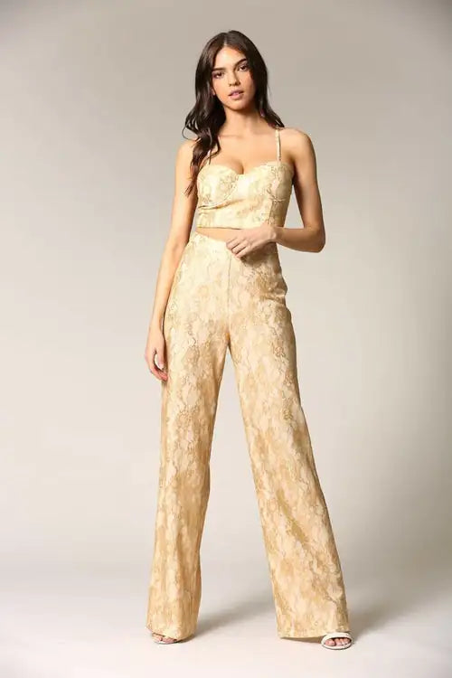 Caeli Two-Piece Gold Lace Pants Set - Small - clothing set
