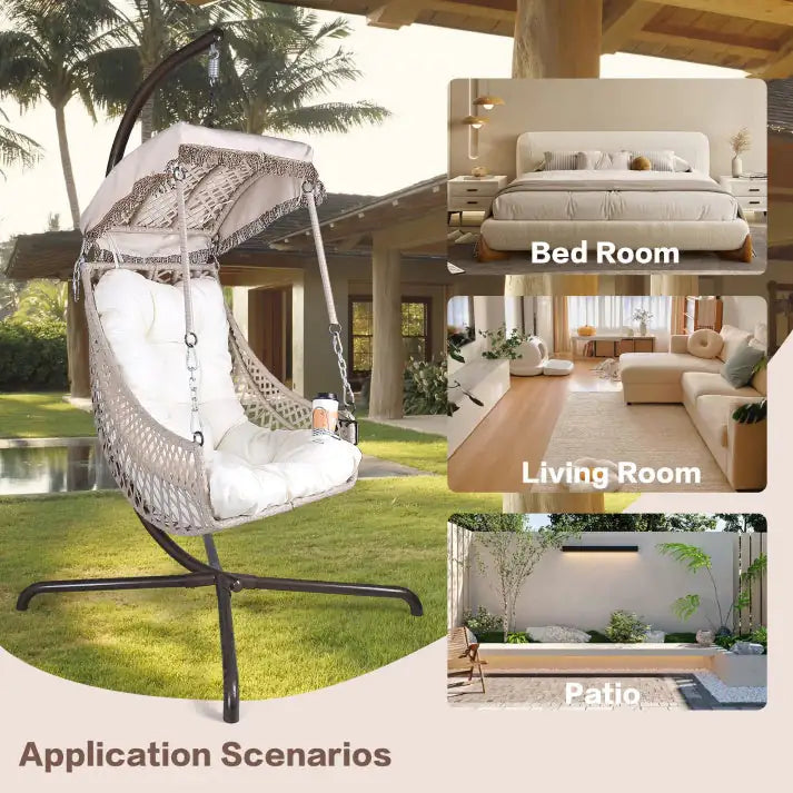 Indoor And Outdoor Swing Egg Chair With Stand, Beige UV Protection Cushion Hanging Chair With Cup Holder Kia Day Design