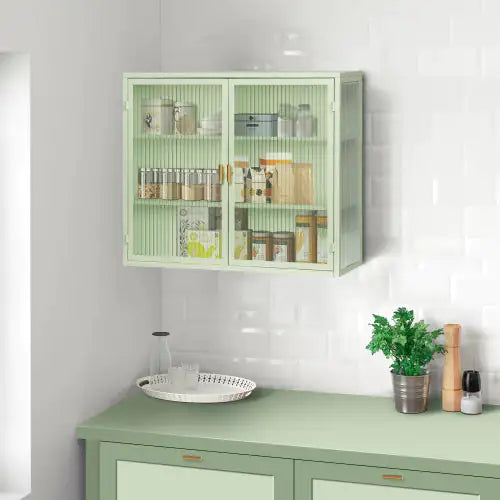 Mint Green Glass Double Door Wall Cabinet With Three Levels - Kia Day Design