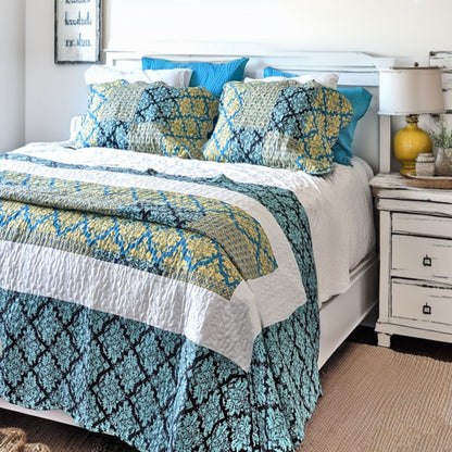 Tache Damask Ornate Baroque Teal Turquoise Blue Green Scalloped Quilt Set (SD-3300) - - Quilt / Bedspread