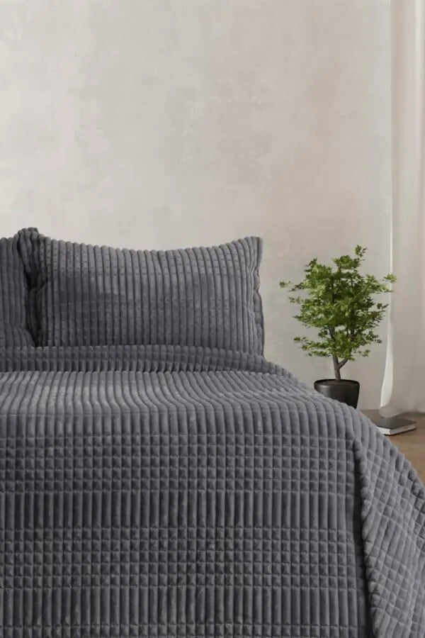 Merinos Modern Line 3 Piece Double Blanket Set Dark Gray