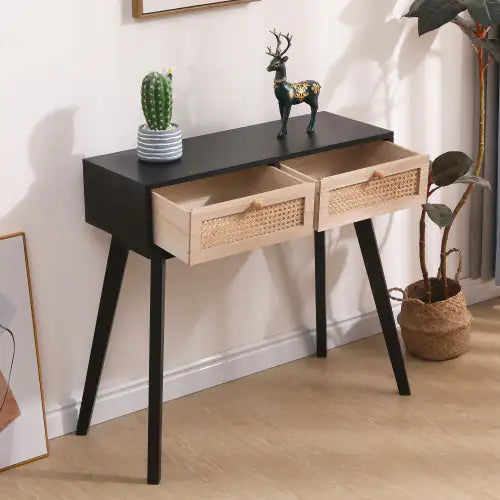 Solid Wood Side Table with Two Rattan Drawers - Kia Day Design