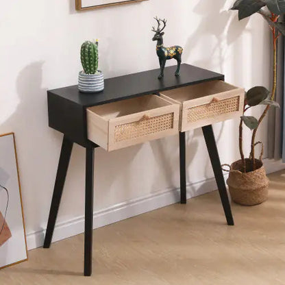 Solid Wood Side Table with Two Rattan Drawers - Kia Day Design