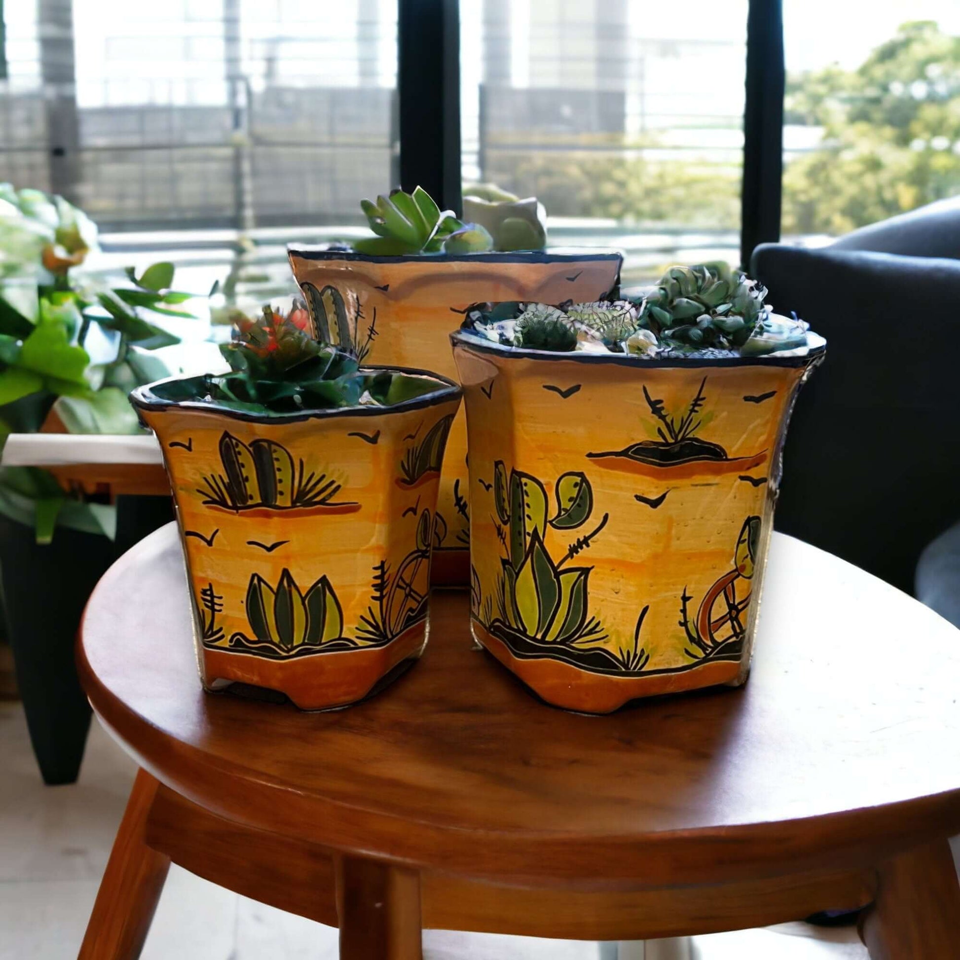 Set of 3 Vibrant Talavera Planters Desert Landscape Pottery - - Talavera Flower Pot