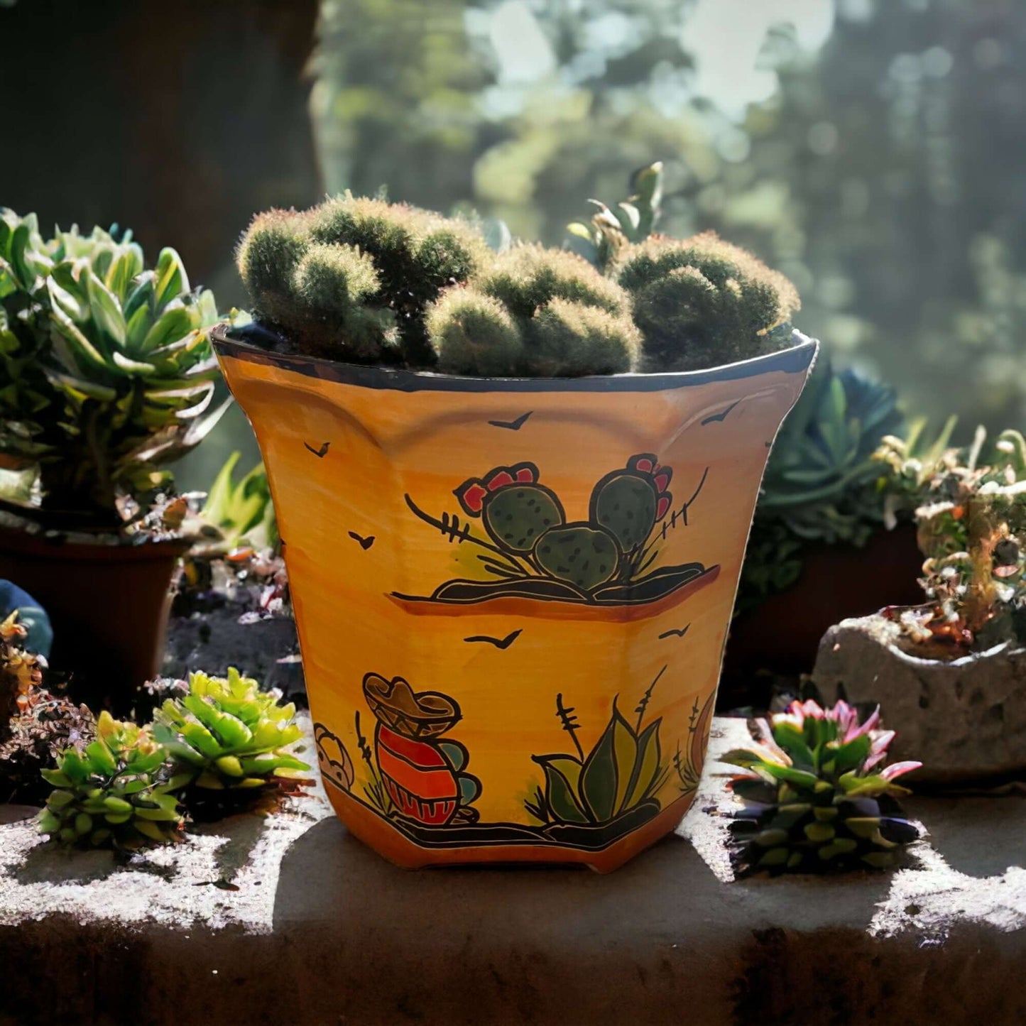 Set of 3 Vibrant Talavera Planters Desert Landscape Pottery - - Talavera Flower Pot