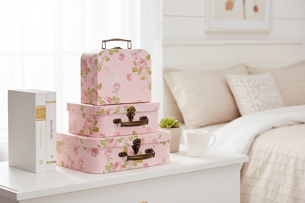 Set of 3 Pink Floral Decorative Paperboard Suitcases - - suitcase