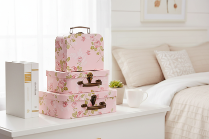 Set of 3 Pink Floral Decorative Paperboard Suitcases - - suitcase