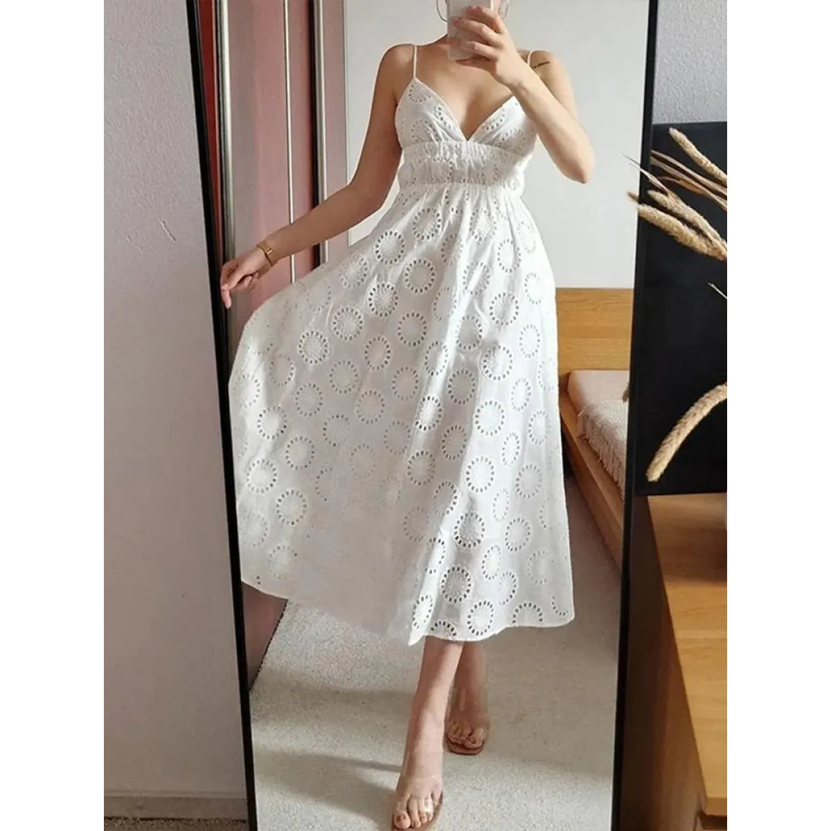 Sexy Backless Lace Dress - White china -