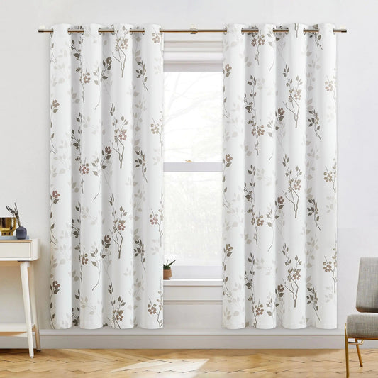 White Floral 72 Inches Long Grommet Blackout Curtains 2 Panels - Kia Day Design