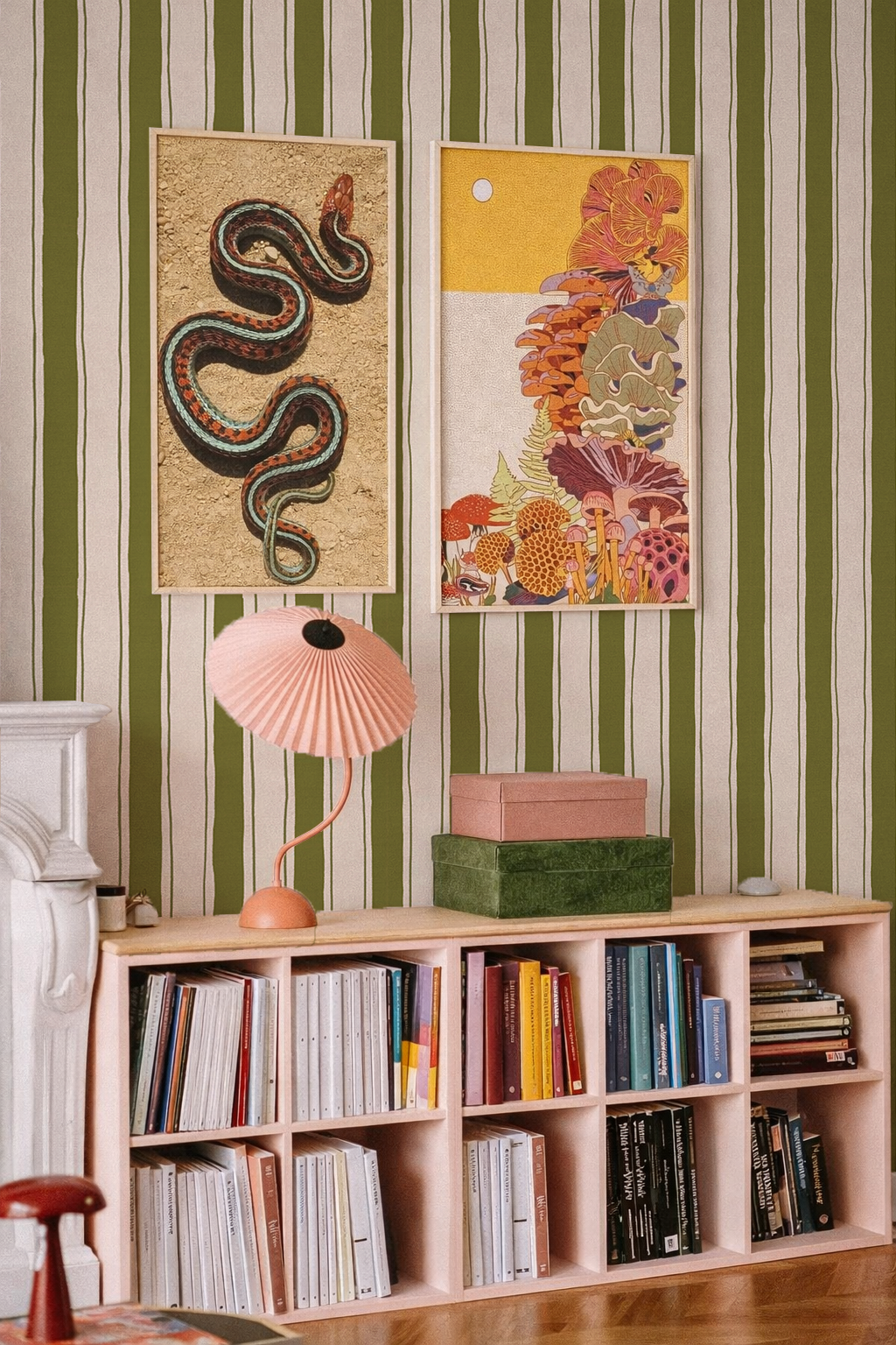 Riviera Stripe Wallpaper, off-white and olive green- Samantha Santana Creative- {{Product type}}