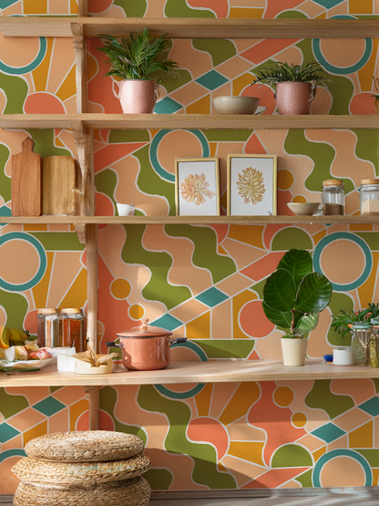 Day Trippin' Wallpaper, olive green, peach, coral and blue- Samantha Santana Creative- {{Product type}}