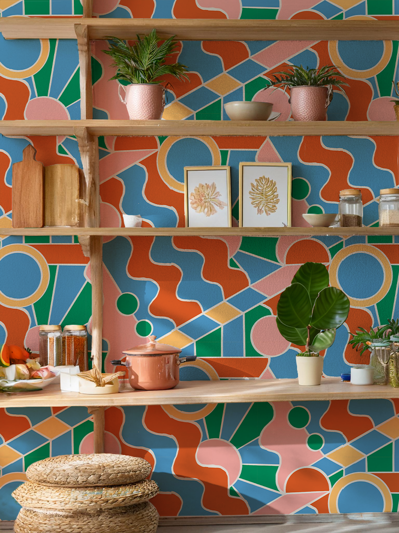 Day Trippin' Wallpaper, blue, green, pink and brick red- Samantha Santana Creative- {{Product type}}