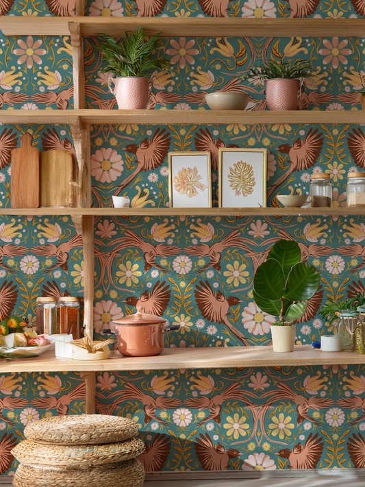 Folkie Birdie Wallpaper Dusty Teal, Peach and Rust - - Wallpaper