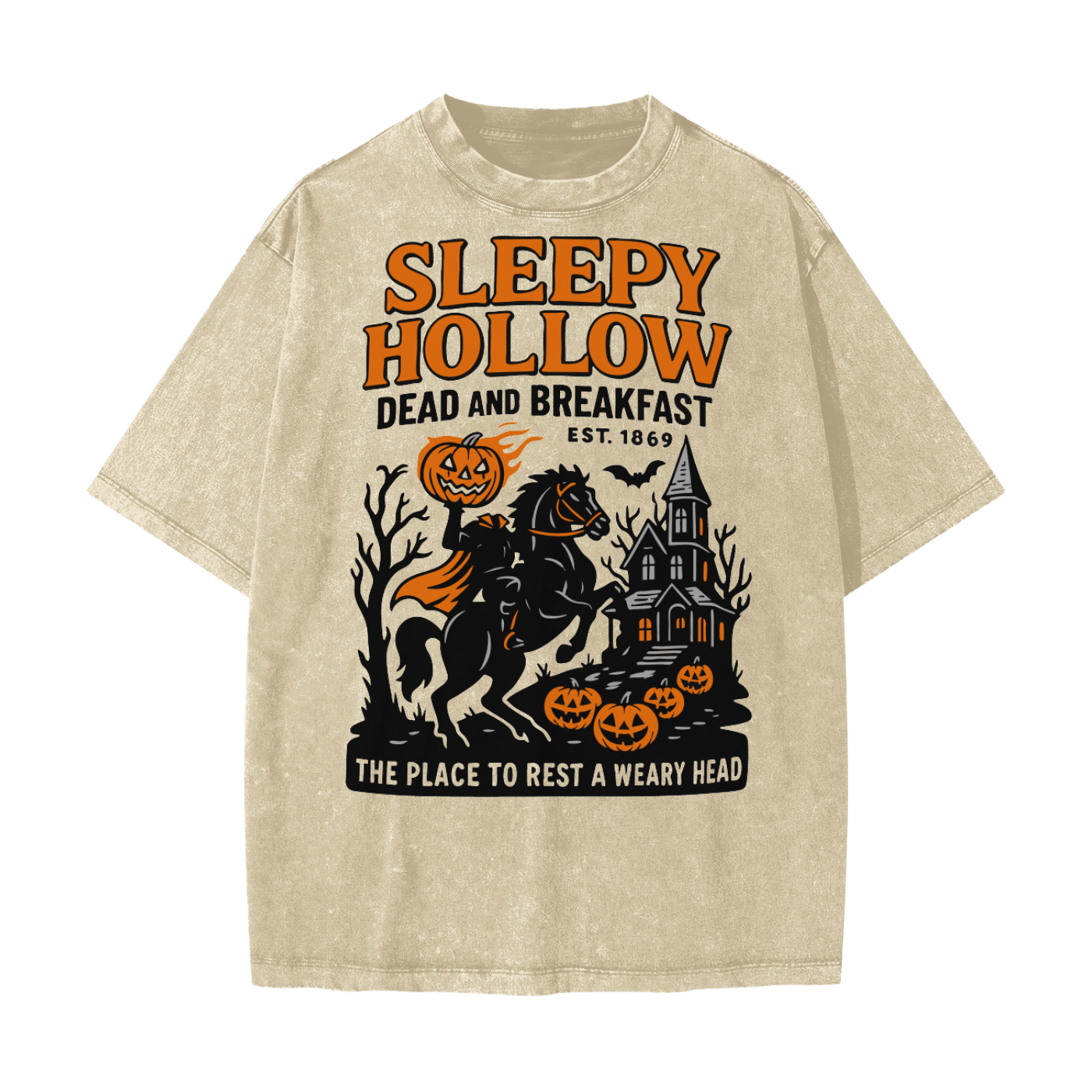 Sleepy Hollow Bed & Breakfast Acid Wash T-Shirt - Khaki - gymwear