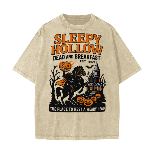 Sleepy Hollow Bed & Breakfast Acid Wash T-Shirt - Khaki - gymwear