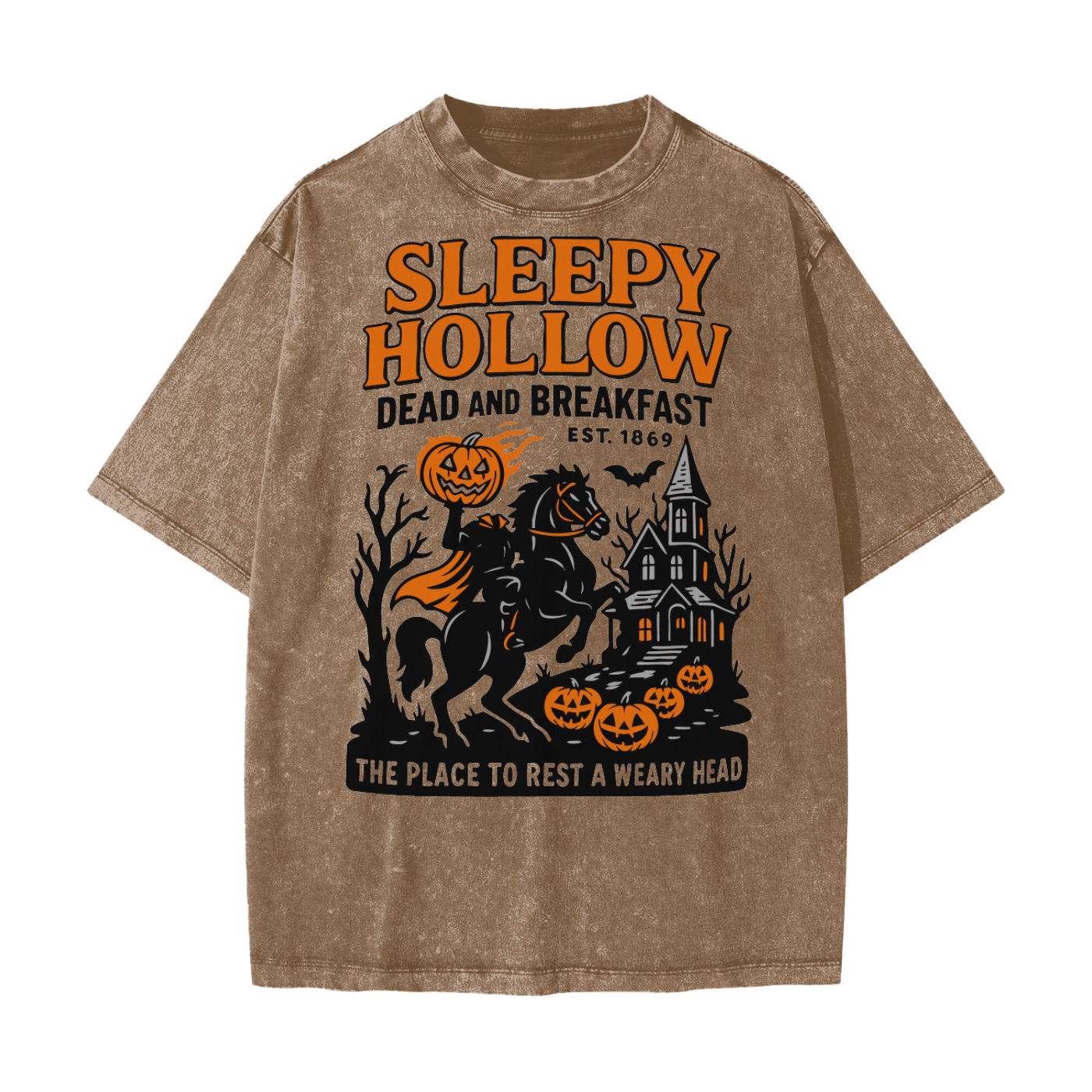 Sleepy Hollow Bed & Breakfast Acid Wash T-Shirt - Coffee - gymwear