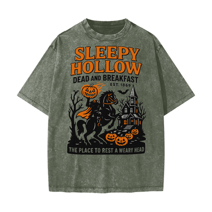 Sleepy Hollow Bed & Breakfast Acid Wash T-Shirt - Olive Green - gymwear