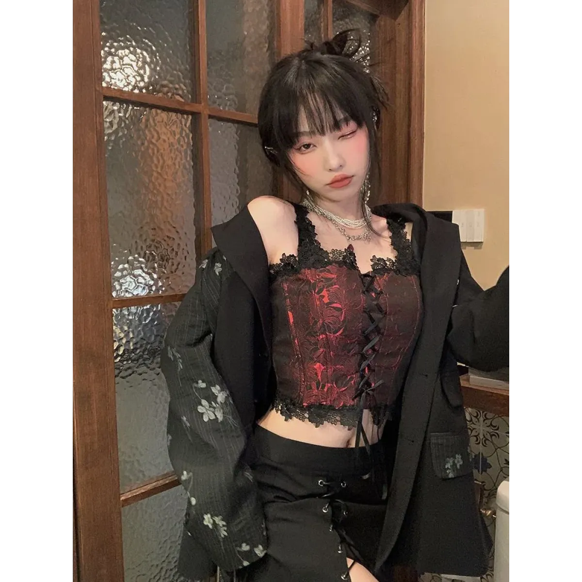Gothic Lace-Up Crop Top – Sleeveless Vintage Design - - Crop Tops