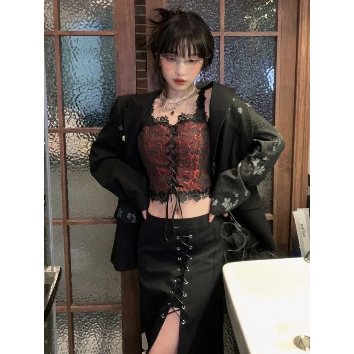 Gothic Lace-Up Crop Top – Sleeveless Vintage Design - - Crop Tops