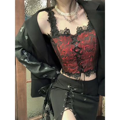 Gothic Lace-Up Crop Top – Sleeveless Vintage Design - - Crop Tops
