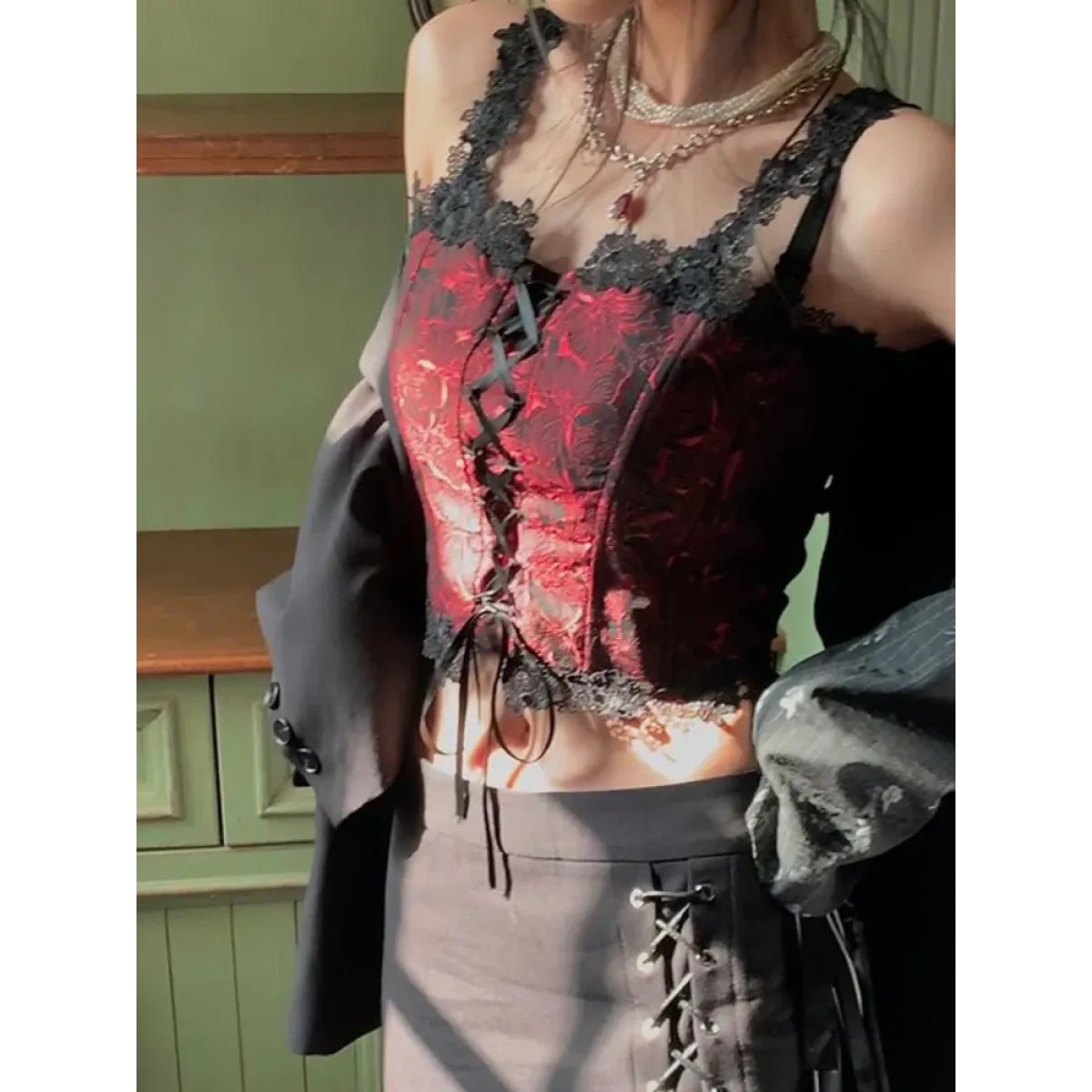 Gothic Lace-Up Crop Top – Sleeveless Vintage Design - - Crop Tops