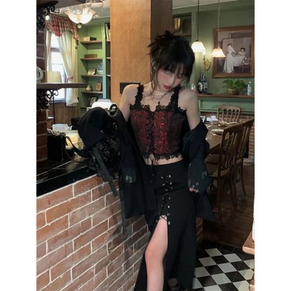 Gothic Lace-Up Crop Top – Sleeveless Vintage Design - - Crop Tops